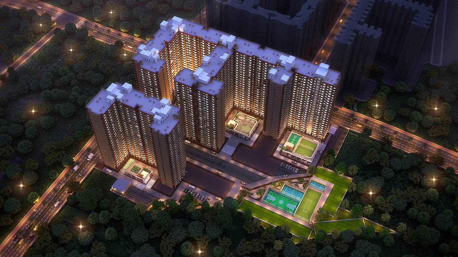 Suraksha Smart City elevation top night view